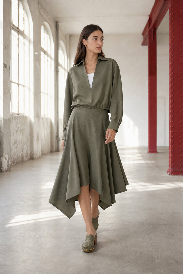 Marta asymmetrical viscose skirt | Green