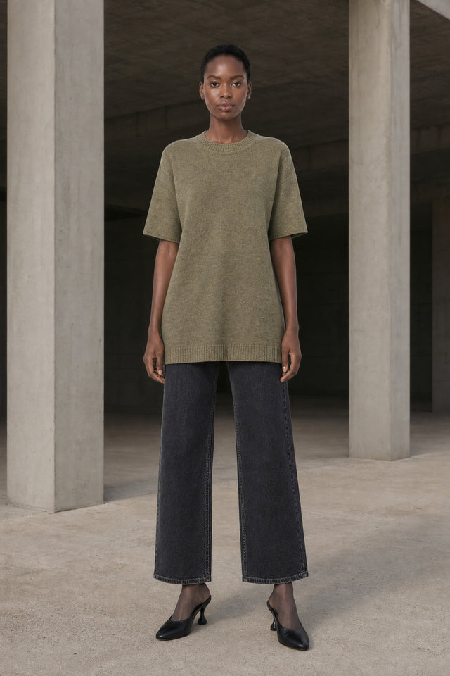 Rora plain knit long top | Green Melange