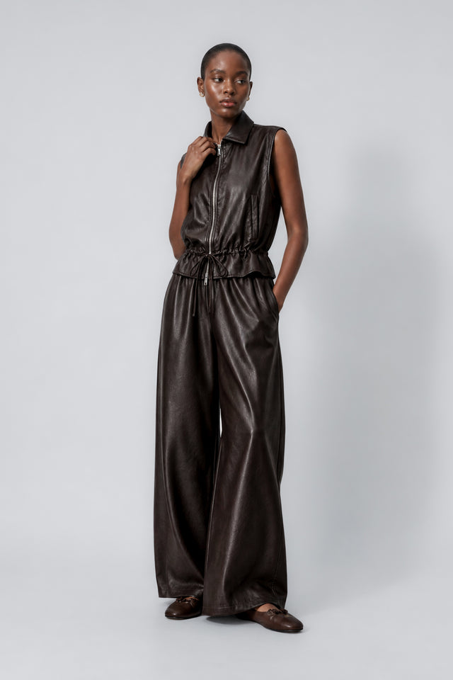 Sienna eco leather wide-leg pants | Dark Brown