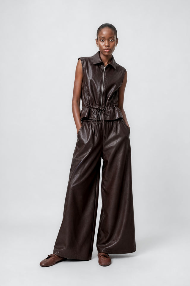 Sienna eco leather wide-leg pants | Dark Brown
