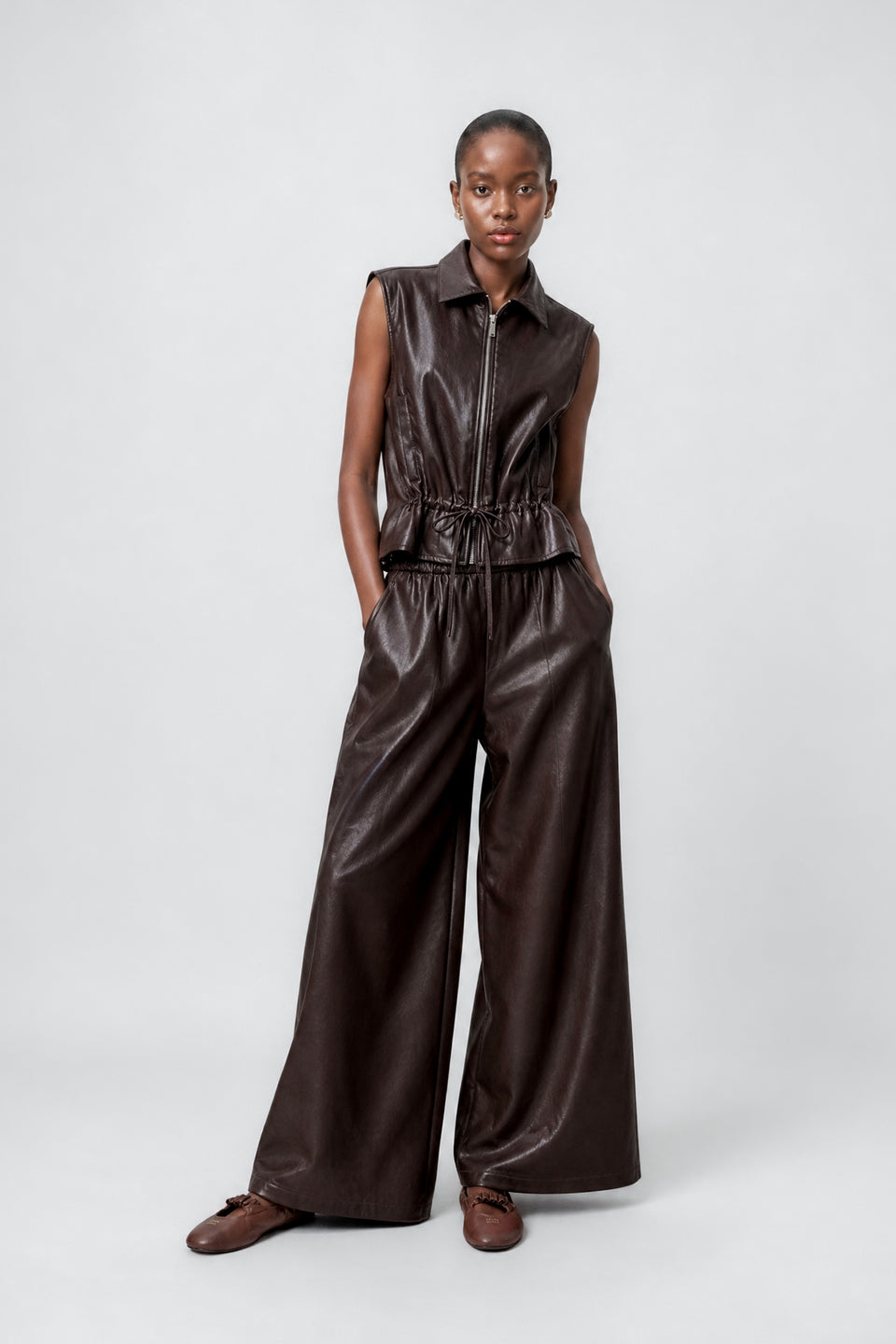 Sienna eco leather wide-leg pants | Dark Brown